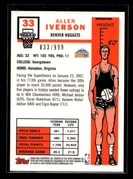 2007-08 Topps Chrome 1957-58 Variations Refractors #33 Allen Iverson #'d /999 (Denver Nuggets)