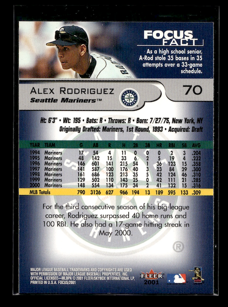 2001 Fleer Focus #70 Alex Rodriguez (Seattle Mariners)