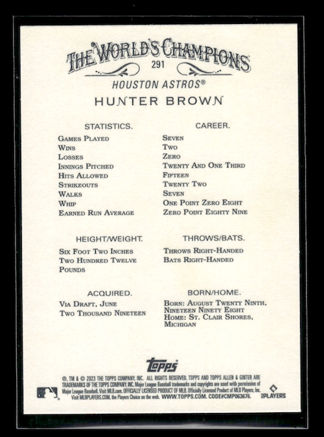 2023 Topps Allen and Ginter #291 Hunter Brown Rookie (Houston Astros)