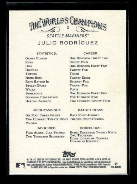 2023 Topps Allen and Ginter #3 Julio Rodriguez (Seattle Mariners)