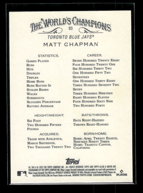 2023 Topps Allen and Ginter #93 Matt Chapman (Toronto Blue Jays)