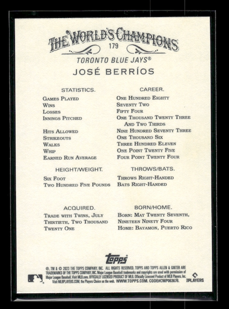 2023 Topps Allen and Ginter #179 Jose Berrios (Toronto Blue Jays)