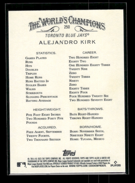 2023 Topps Allen and Ginter #250 Alejandro Kirk (Toronto Blue Jays)