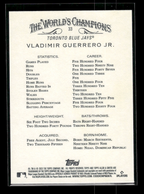 2023 Topps Allen and Ginter #33 Vladimir Guerrero Jr. (Toronto Blue Jays)
