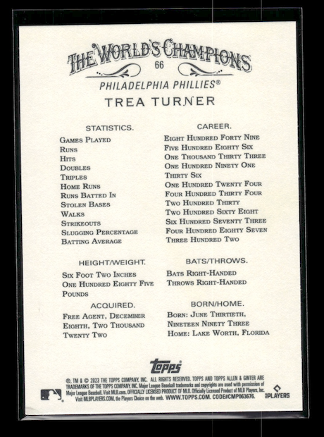 2023 Topps Allen and Ginter #66 Trea Turner (Philadelphia Phillies)