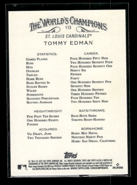2023 Topps Allen and Ginter #113 Tommy Edman (St. Louis Cardinals)