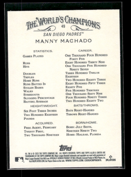 2023 Topps Allen and Ginter #49 Manny Machado (San Diego Padres)