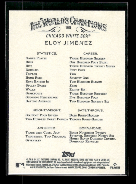 2023 Topps Allen and Ginter #169 Eloy Jimenez (Chicago White Sox)