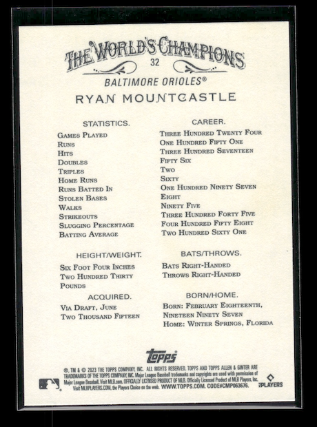 2023 Topps Allen and Ginter #32 Ryan Mountcastle (Baltimore Orioles)