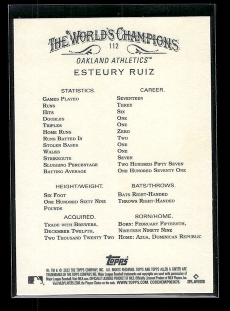 2023 Topps Allen and Ginter #112 Esteury Ruiz Rookie (Oakland Athletics)