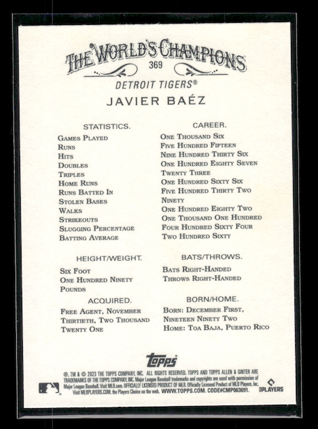 2023 Topps Allen and Ginter #369 Javier Baez SP (Detroit Tigers)