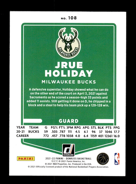 2021-22 Donruss #108 Jrue Holiday (Milwaukee Bucks)