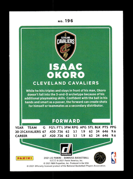 2021-22 Donruss #196 Isaac Okoro (Cleveland Cavaliers)
