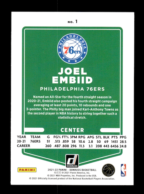2021-22 Donruss #1 Joel Embiid (Philadelphia 76ers)
