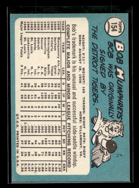 1965 Topps #154 Bob Humphreys Rookie (St. Louis Cardinals)