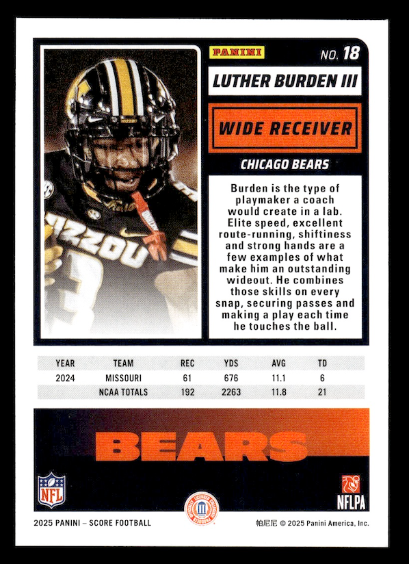 2025 Score Rookies #18 Luther Burden III (Chicago Bears)