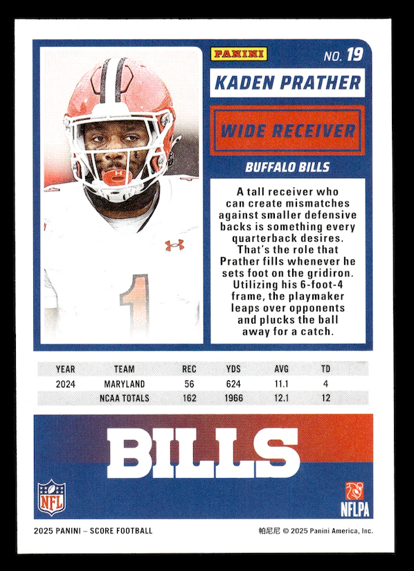 2025 Score Rookies #19 Kaden Prather (Buffalo Bills)
