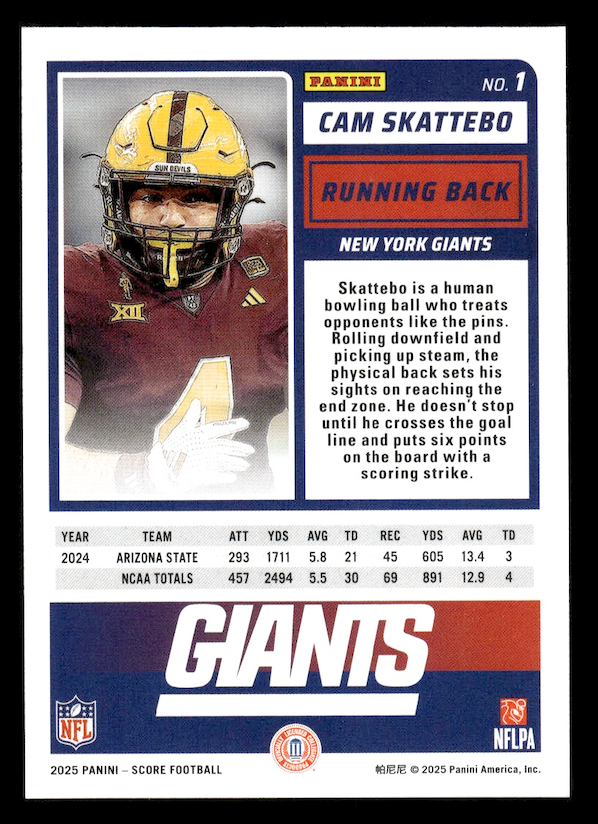 2025 Score Rookies #1 Cam Skattebo (New York Giants)