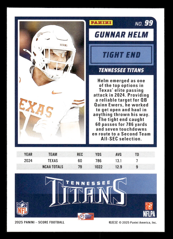 2025 Score Rookies #99 Gunnar Helm (Tennessee Titans)