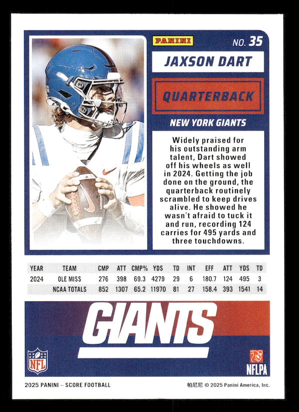 2025 Score Rookies #35 Jaxson Dart (New York Giants)