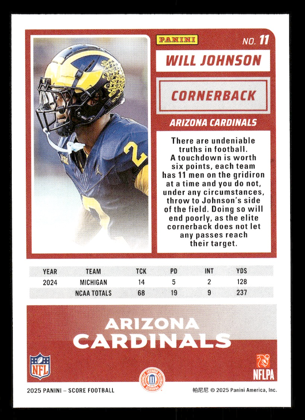 2025 Score Rookies #11 Will Johnson (Arizona Cardinals)