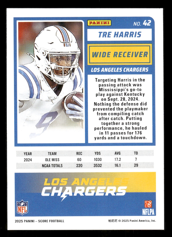 2025 Score Rookies #42 Tre Harris (Los Angeles Chargers)