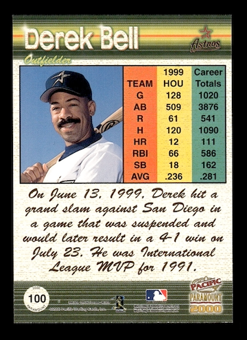 2000 Paramount Platinum Blue #100 Derek Bell #'d 25/67 (Houston Astros)