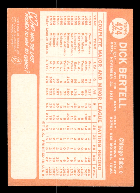 1964 Topps #424 Dick Bertell (Chicago Cubs) EX-MT