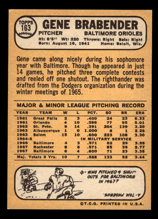 1968 Topps #163 Gene Brabender (Baltimore Orioles) NM