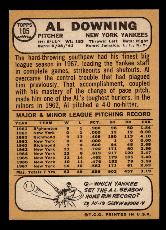 1968 Topps #105 Al Downing (New York Yankees) EX-MT