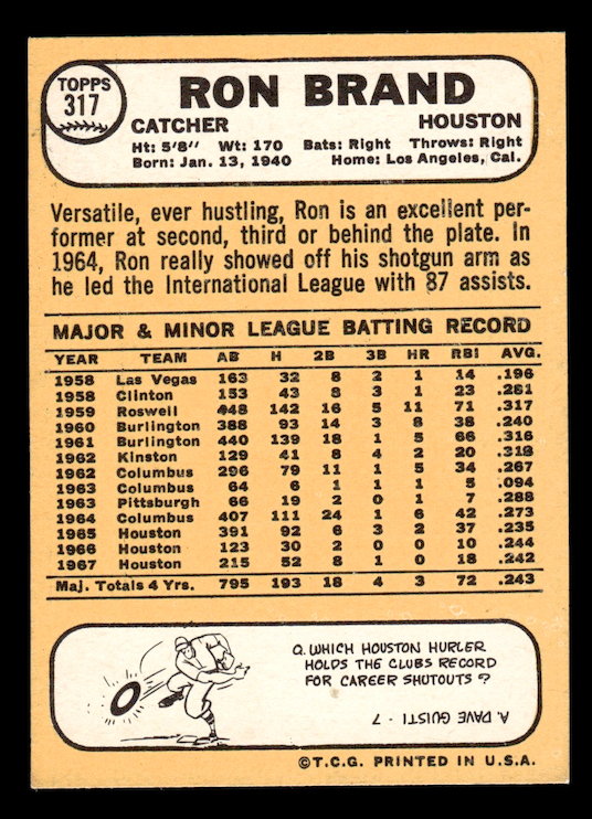 1968 Topps #317 Ron Brand (Houston Astros) NM
