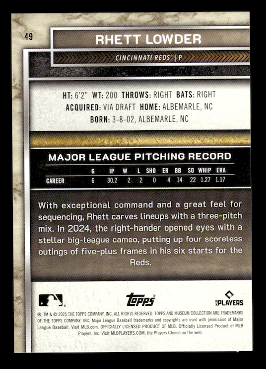 2025 Topps Museum Collection #49 Rhett Lowder #'d /249 (Reds)