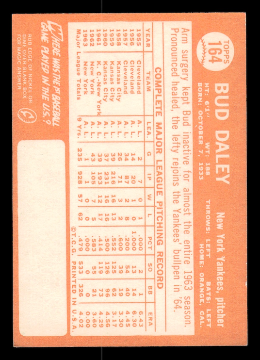 1964 Topps #164 Bud Daley (New York Yankees) NM
