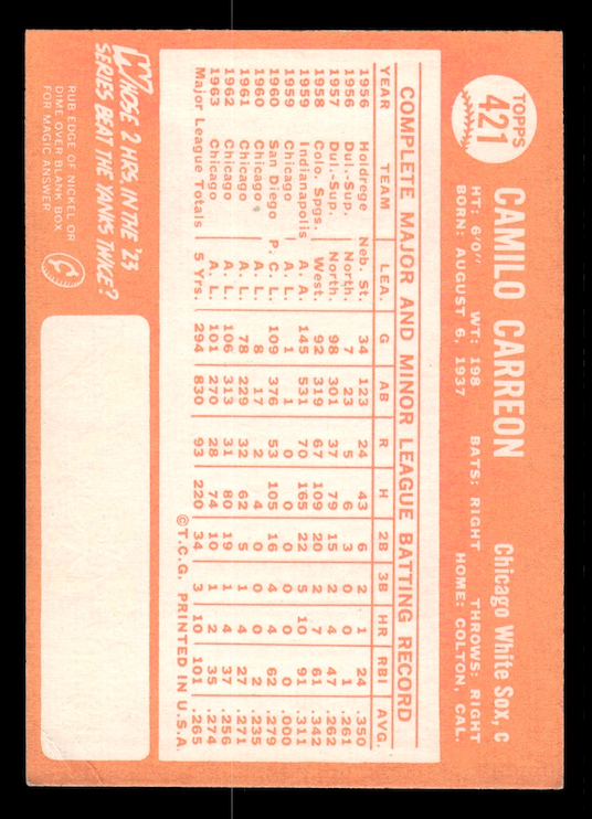 1964 Topps #421 Camilo Carreon (Chicago White Sox) EX-MT+