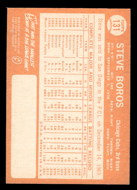 1964 Topps #131 Steve Boros (Chicago Cubs) EX-MT+