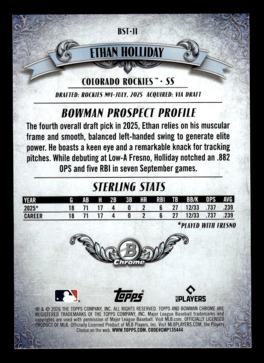 2026 Bowman Chrome Bowman Sterling #BST11 Ethan Holliday (Rockies) NM+