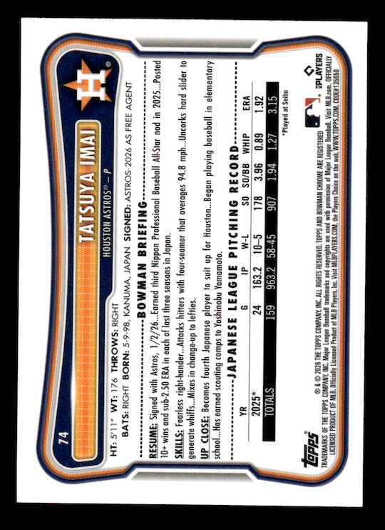 2026 Bowman Chrome Red Rookie Logo #74 Tatsuya Imai (Houston Astros) NM