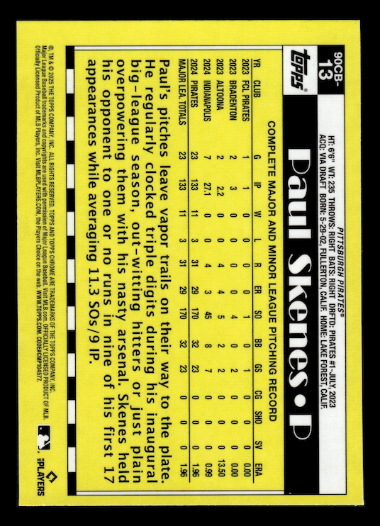 2025 Topps Chrome '90 Topps #90CB13 Paul Skenes (Pittsburgh Pirates) NM+