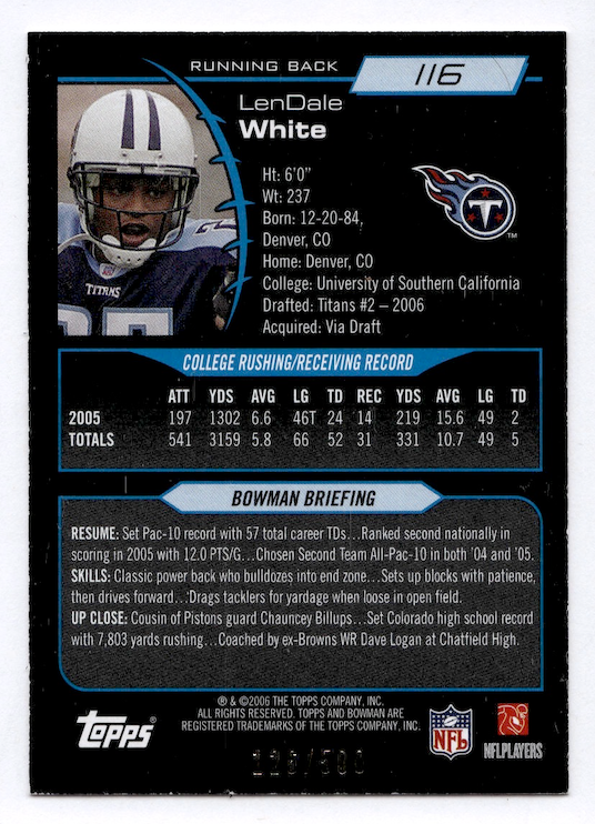 2006 Bowman Blue #116 LenDale White (RC) #'d /500 (Tennessee Titans) NM