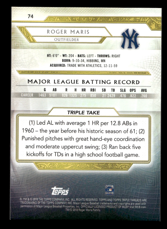 2018 Topps Triple Threads #74 Roger Maris (New York Yankees)