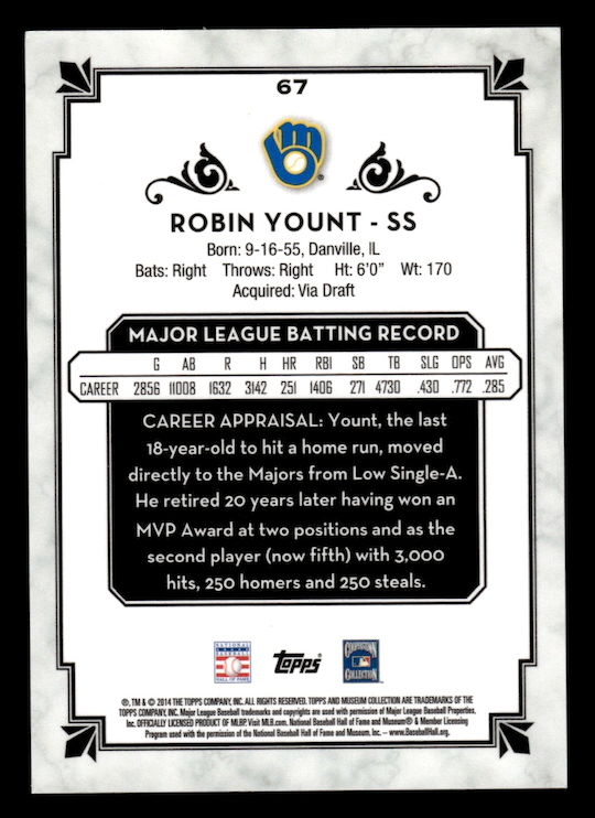 2014 Topps Museum Collection Copper #67 Robin Yount (Milwaukee Brewers)