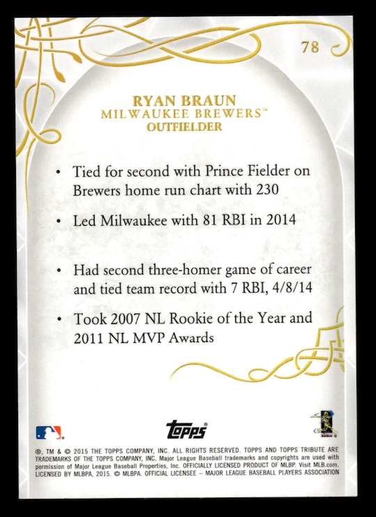 2015 Topps Tribute #78 Ryan Braun (Milwaukee Brewers) NM+