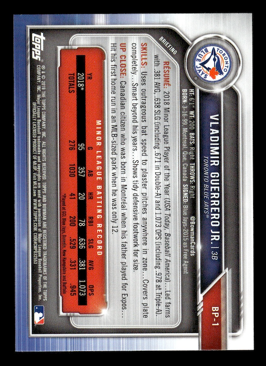 2019 Bowman Prospects #BP1 Vladimir Guerrero Jr. (Toronto Blue Jays)