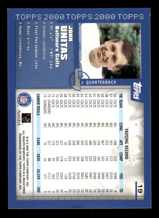 2000 Topps #19 John (Johnny) Unitas (Baltimore Colts) NM