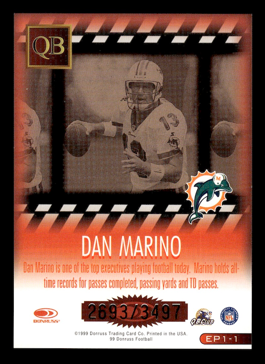 1999 Donruss Executive Producers #EP1 Dan Marino #'d 2693/3497 (Miami Dolphins)