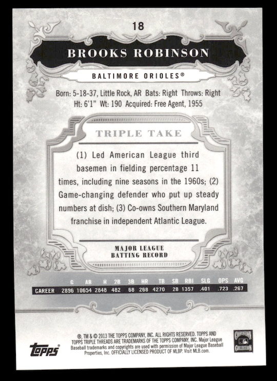 2013 Topps Triple Threads #18 Brooks Robinson (Baltimore Orioles)