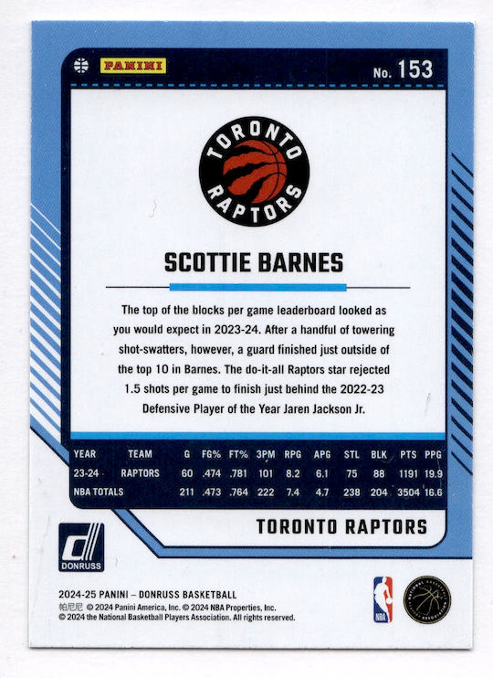 2024-25 Donruss Holo Green Laser #153 Scottie Barnes (Toronto Raptors)