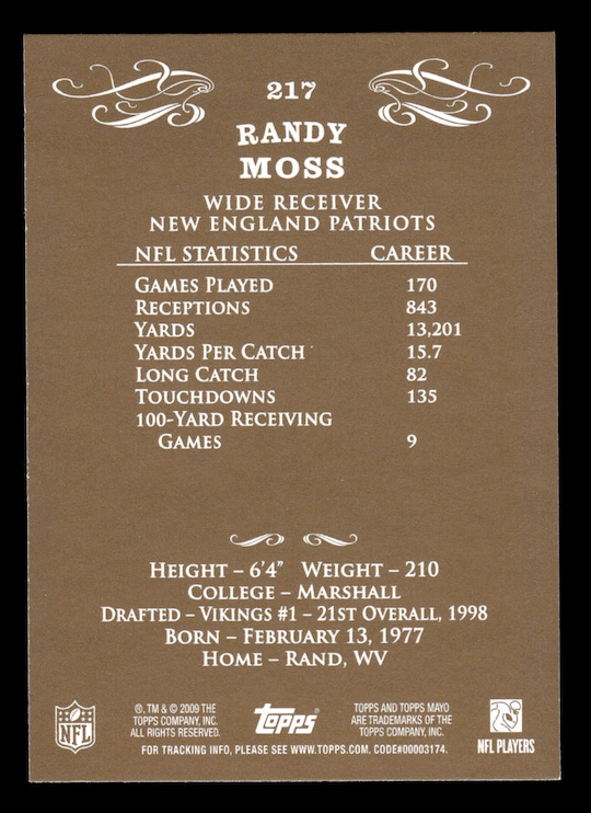 2009 Topps Mayo #217 Randy Moss (New England Patriots)