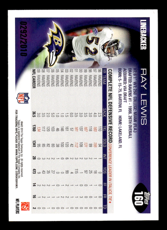 2010 Topps Gold #160 Ray Lewis #'d /2010 (Baltimore Ravens)
