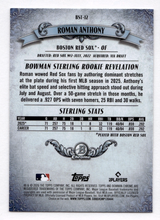2026 Bowman Chrome Bowman Sterling #BST12 Roman Anthony (Boston Red Sox)